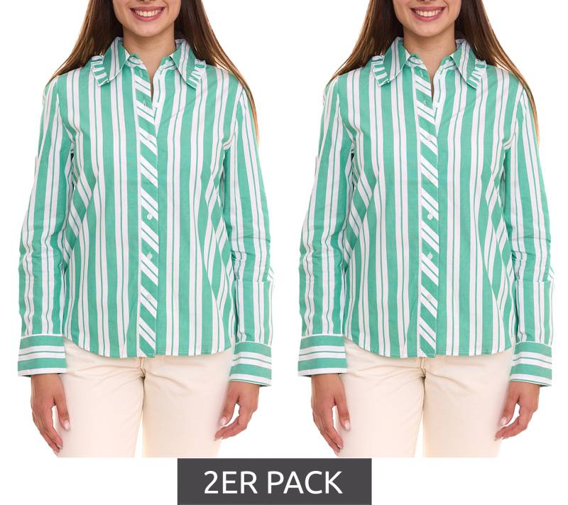2er Pack AjC Damen Bluse gestreiftes Langarm-Shirt Baumwolle mit kleinen Rüschen 36148235 Grün/Weiß von AjC