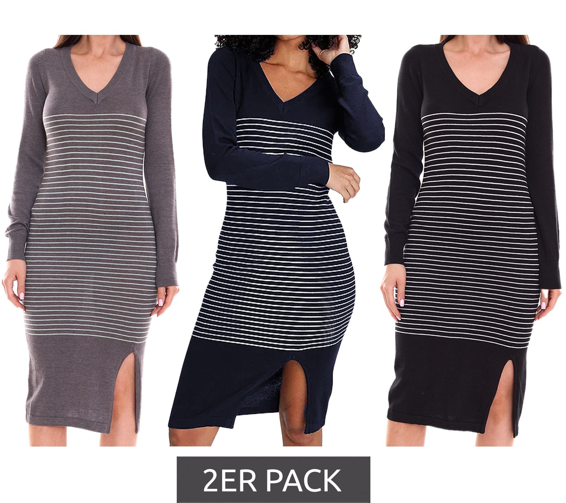2er Pack AjC Damen Pullover-Kleid gestreift Midi-Kleid Strick-Kleid in Grau, Schwarz oder Blau 2er Pack AjC Damen Pullover-Kleid gestreift Midi-Kleid Strick-Kleid in Grau, Schwarz oder Blau von AjC