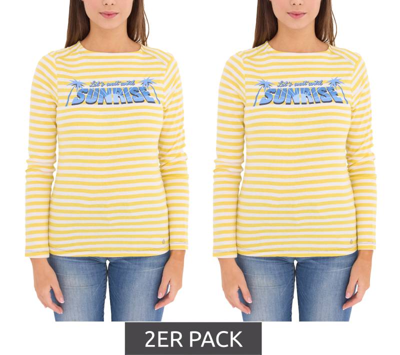 2er Pack AjC Damen Shirt gestreiftes Langarm-Shirt Baumwolle mit Sunrise-Front-Print Sparpack 67426709 Gelb/Weiß/Blau von AjC