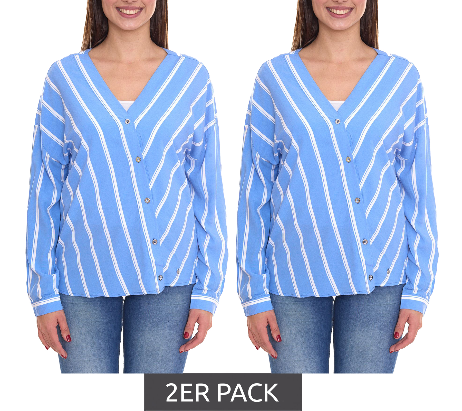 2er Sparpack AjC Damen Schlupf-Bluse nachhaltige V-Neck Bluse gestreift 48173418 Blau/Weiß von AjC