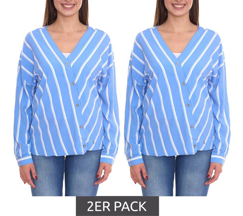 2er Sparpack AjC Damen Schlupf-Bluse nachhaltige V-Neck Bluse gestreift 48173418 Blau/Weiß von AjC