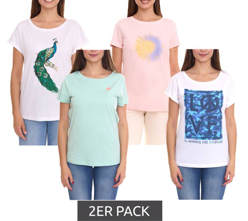 2er Sparpack AjC Damen T-Shirt mit verschiedenen Prints kurzärmliges Sommer-Shirt Baumwolle Mint, Rosa oder Weiß von AjC