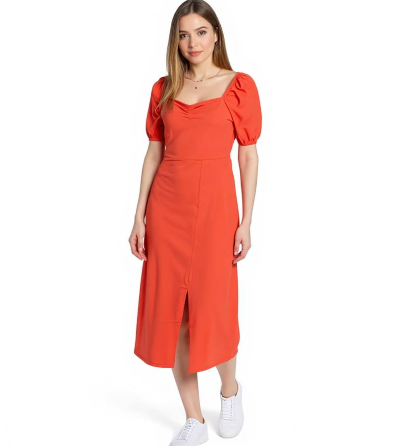 AJC Damen Midi-Kleid leichtes Baumwoll-Kleid mit Puffärmeln Sommer-Kleid 47018232 Rot von AjC