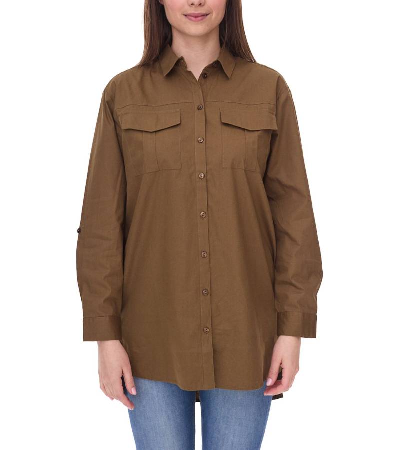 AjC Damen Bluse Oversized Langarm-Shirt aus Baumwolle mit krempelbaren Ärmeln 56957227 Khaki von AjC