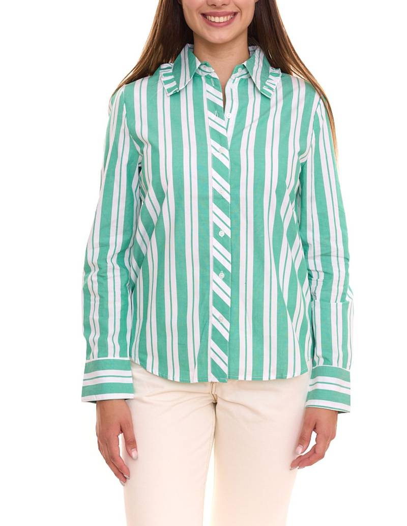 AjC Damen Bluse gestreiftes Langarm-Shirt Baumwolle mit kleinen Rüschen 36148235 Grün/Weiß von AjC