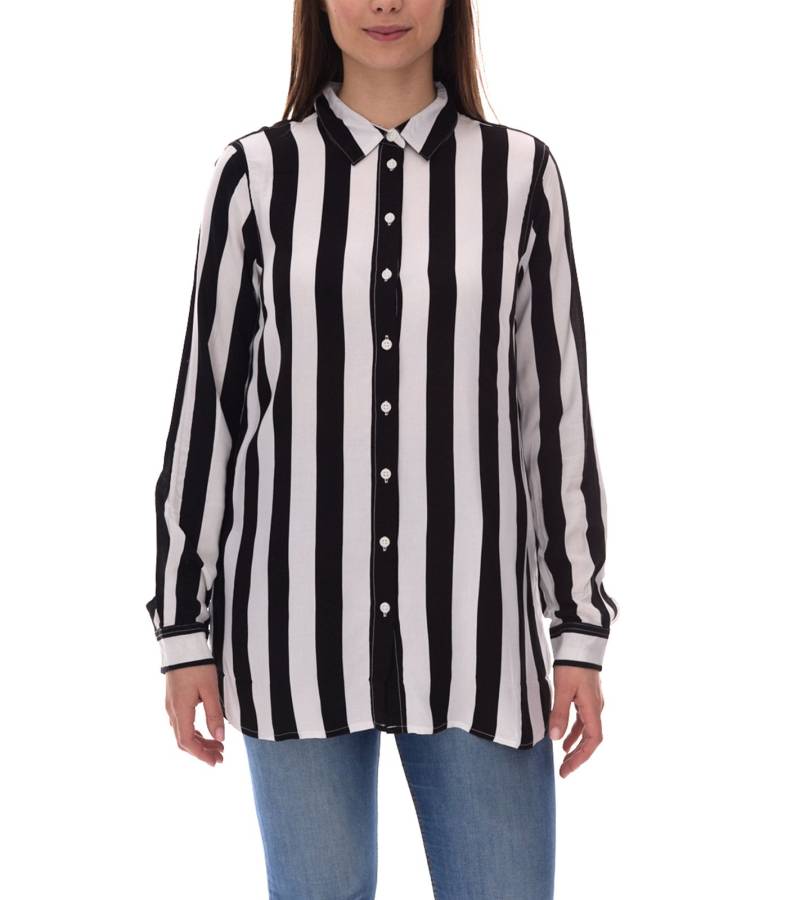 AjC Damen Hemd-Bluse gestreiftes Langarm-Hemd leichte Sommer-Bluse Freizeit-Bluse mit Knopfleiste 21945827 Weiß/Schwarz von AjC