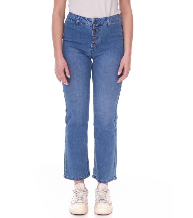 AjC Damen High Waist Jeans Baumwoll-Hose Bootcut Hose mit Knopfdetails 57009102 Blau von AjC
