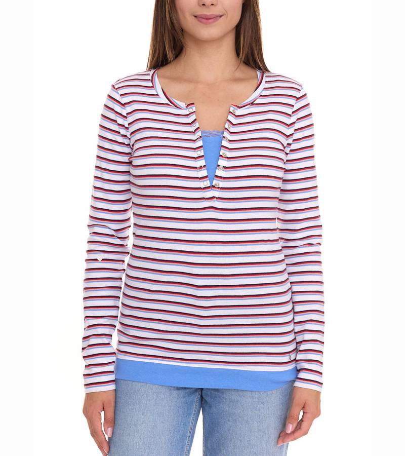 AjC Damen Langarm-Shirt mit Spitze figurbetontes Baumwoll-Shirt 12726709 Weiß/Blau/Rot von AjC