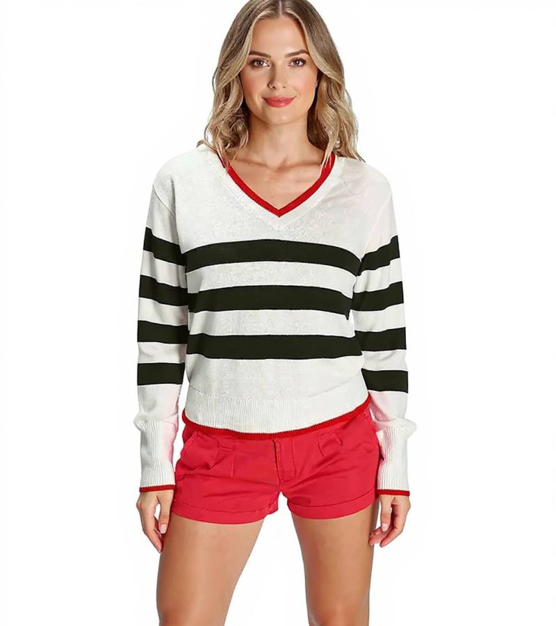 AjC Damen Strick-Pullover im College-Look Baumwoll-Pullover 89512917 Weiß/Schwarz von AjC