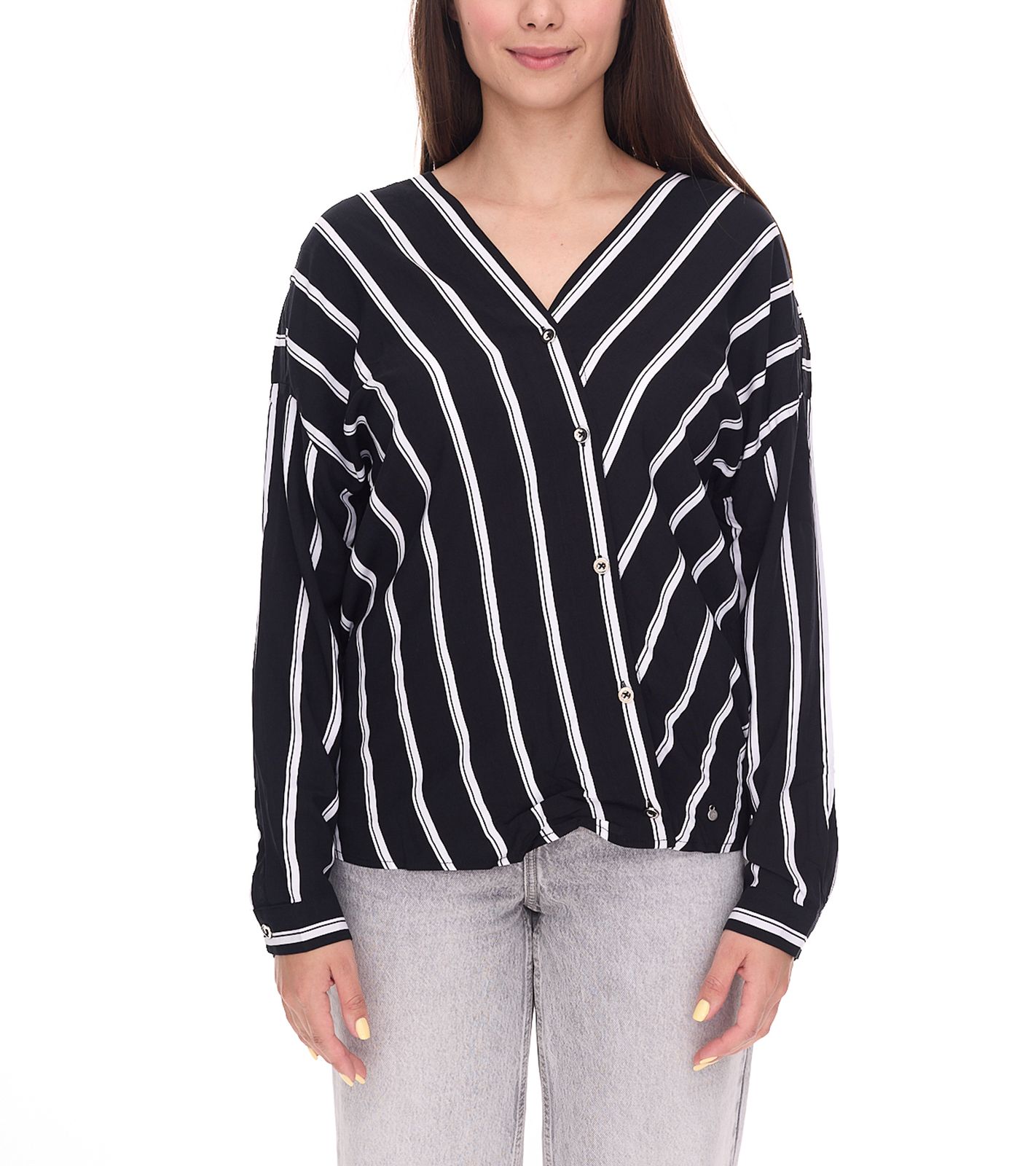 AjC Damen gestreifte Wickelbluse leichte Sommer-Bluse Freizeit-Bluse mit Knopfleiste 29937205 Schwarz/Weiß von AjC