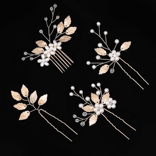 4Stk Hochzeit Haarschmuck Set Braut Hochzeit Haarnadeln,Gold Strass Haarteil Perle Blume Braut Haarkamm Kristall Blumen U-Förmig Haarnadeln Blume Blatt Kopfschmuck für Damen Mädchen Brautjungfer von Ajcotahm