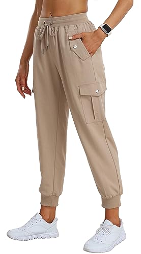 AjezMax Cargohose Damen Leicht Wanderhose Stretch Jogginghose mit Taschen Atmungsaktiv Funktionshose Trekking Laufen Khaki L von AjezMax