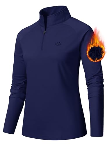 AjezMax Damen Sport Langarm T-Shirts Training Fitness Kleidung 1/4 Reißverschluss Laufshirt Marineblau Größe M von AjezMax