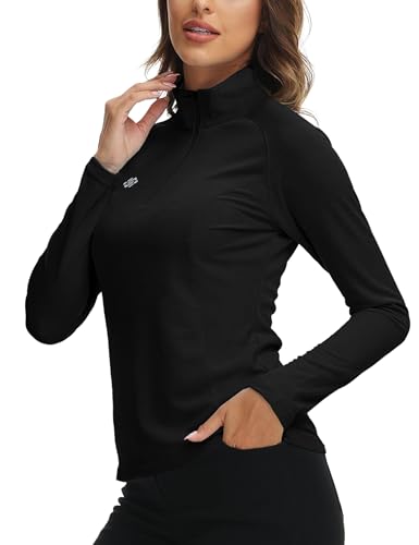 AjezMax Damen 1/4 Reißverschluss Trainsshirt Langarm UPF 50+ T-Shirt Sportshirt Workout Gym Yoga Fitness Funktionsshirt Schwarz X-Small von AjezMax