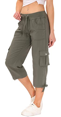 AjezMax Damen 3/4 Hose Outdoor Trekkinghose Sommer wasserdichte Leicht Capri Hose Camping Sommerhose mit Tasche Militärgrün L von AjezMax