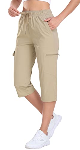 AjezMax Damen 3/4 Outdoorhose Capri Wanderhose Cargohose Stretch Leichte Radhose Taschen Sommer Wander Hose mit Reißverschlusstasche Khaki L von AjezMax