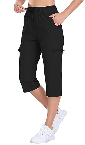 AjezMax Damen 3/4 Wanderhose Caprihose wasserdichte Atmungsaktive Trekkinghose Elastische Sommer Outdoor Hose Trainingshose Freizeithose Schwarz L von AjezMax