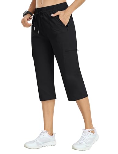AjezMax Damen 3/4 Wanderhose Caprihose wasserdichte Atmungsaktive Trekkinghose Elastische Sommer Outdoor Hose Trainingshose Freizeithose Schwarz XXL von AjezMax