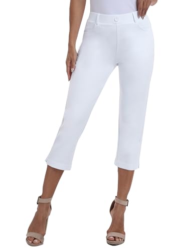 AjezMax Damen 3/4 Golf Hose Stretch Elegante Hosen hohe Taille Büro Business Freizeithose Straight Leg mit Taschen Weiß S von AjezMax