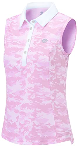 AjezMax Damen Ärmelloses Poloshirts Sport Camouflage Tank Top mit Knopf Lauftop Gym Fitness Shirt Oberteile Camouflage rosa M von AjezMax