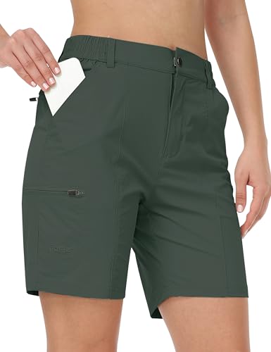 AjezMax Damen Bermuda Shorts Outdoor Cargo Shorts Leichte Laufshorts Outdoor Wandershorts Gym Fitness Shorts mit Taschen Armeegrün XS von AjezMax