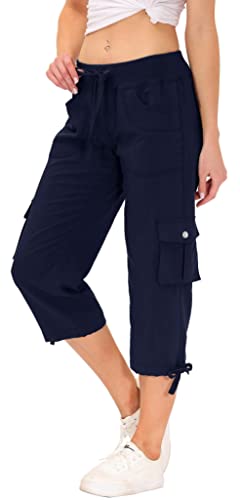 AjezMax Damen Leichte Wanderhose Capri Sports Outdoor Trekkinghose Cargo Hose wasserdichte Outdoorhose mit Taschen Marineblau M von AjezMax