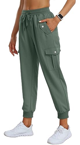 AjezMax Damen Cargo Hose Sommer Leichter Atmungsaktiv Jogger Hosen Wanderhose Funktionshose mit Taschen Armee Grün M von AjezMax