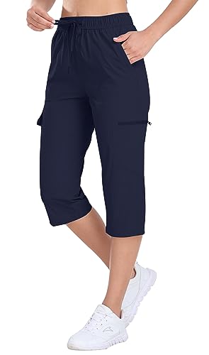 AjezMax Damen Cargohose Capri Wanderhose 3/4 Outdoorhose Wasserdicht Schnelltrocknende Jogginghose Trekkinghose Freizeithose mit Reißverschlusstasche Marineblau L von AjezMax