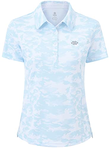 AjezMax Damen Golf Polo Shirt Activewear Atmungsaktiv Schnell Trocknend Laufen Fitness Sport T-Shirt mit Button Tarnfarbe blau L von AjezMax
