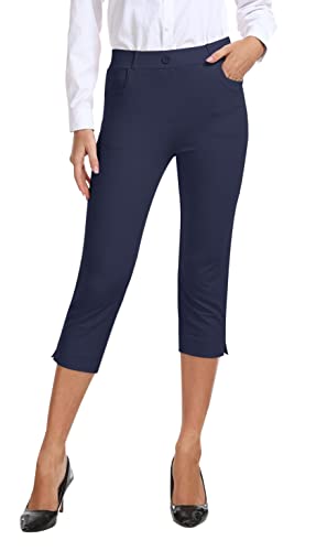 AjezMax Damen Hosen Capri Stretch Freizeithose Hohe Taille Straight Yoga Hose Elegante Hosen Golfhosen mit Taschen Marineblau 3XL von AjezMax