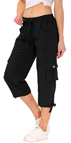 AjezMax Damen 3/4 Capri Outdoorhose Leichte Sommer Sonnenschutz Sportshose Atmungsaktiv Wanderhose Kurze mit Tasche Schwarz S von AjezMax