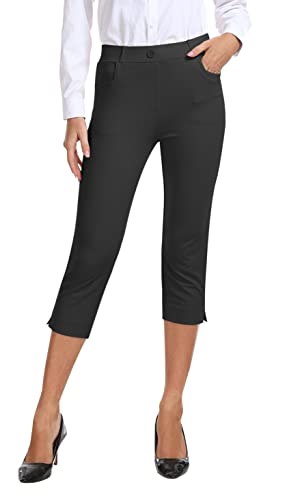 AjezMax Damen Hosen für Business Stretch Freizeithose High Waist Straight Yoga Bürohose Slim Fit Capri Hosen mit Taschen Schwarzgrau 3XL von AjezMax