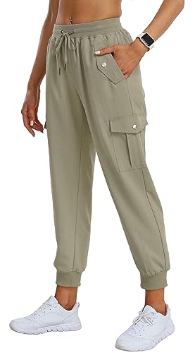 AjezMax Damen Jogginghose Cargohose Sweathose Lang Sporthose Hohe Taille Freizeithose mit Elastischer Bund Grau Khaki M von AjezMax