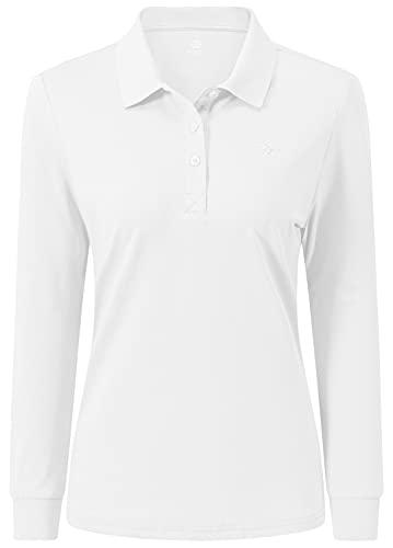 AjezMax Damen Poloshirt Lange Polo Arbeit Polohemd Sport Klassisch Wintershirts mit Knopf Small Weiß von AjezMax