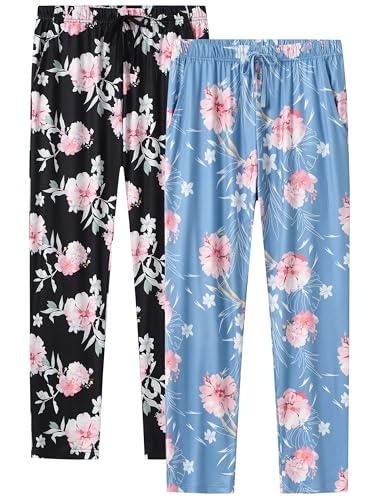 AjezMax Damen Schlafanzughose Lang Pyjamahose Weich Freizeithose Stretch Nachtwäsche Hose mit Taschen M Flower-C von AjezMax