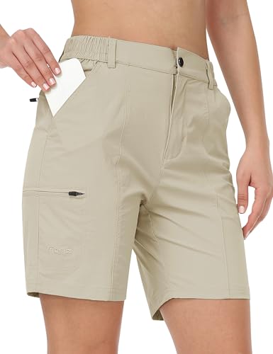 AjezMax Damen Shorts Oudoor Cargo Shorts Knielang Wanderhose Kurze Trekkinghose Leichte Funktionsshorts mit Taschen Khaki S von AjezMax