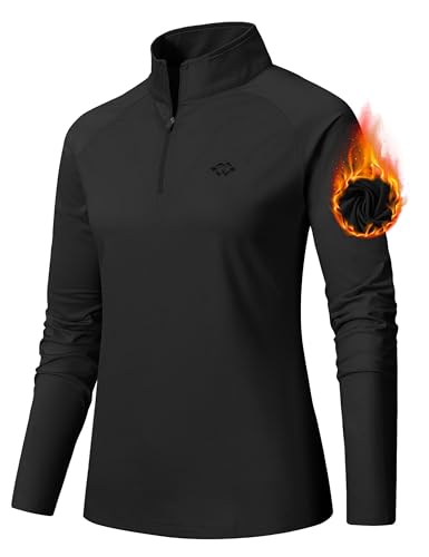 AjezMax Damen Sport Langarm T-Shirts Training Fitness Kleidung 1/4 Reißverschluss Laufshirt Schwarz Größe XS von AjezMax