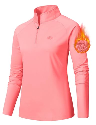 AjezMax Damen Sportshirt Langarm 1/4 Reißverschluss Fleece Longsleeve Laufshirt Warm Funktionsshirt Stretch Sport Langarmshirt für Jogging Yoga Rosa Größe L von AjezMax