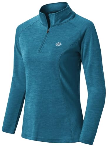 AjezMax Damen Sportshirt Langarm 1/4 Reißverschluss Laufshirt Leicht Training Fitness Langarmshirts Meeresblau Large von AjezMax