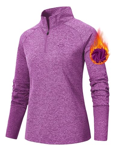 AjezMax Damen Sportshirt Langarm Sweatshirts Outdoor Trainingshemd Fitness Yoga Shirt Atmungsaktiv Funktionsshirt Workout Oberteil mit Reißverschluss Lila Größe L von AjezMax