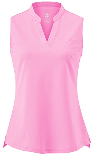 AjezMax Damen Tennis Golf Polo Shirt Ärmellos Baumwolle Fitness Leicht Laufen Sport Sommershirt mit V-Ausschnitt Rosa Large von AjezMax
