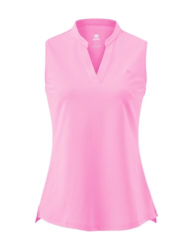 AjezMax Damen Tennis Golf Polo Shirt Ärmellos Baumwolle Fitness Leicht Laufen Sport Sommershirt mit V-Ausschnitt Rosa X-Large von AjezMax