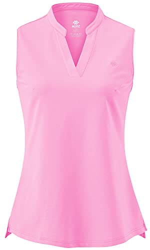 AjezMax Damen Tennis Golf Polo Shirt Ärmellos Baumwolle Fitness Leicht Laufen Sport Sommershirt mit V-Ausschnitt Rosa X-Small von AjezMax