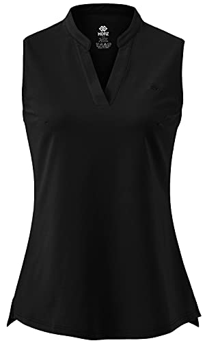 AjezMax Damen Tennis Golf Poloshirt Ärmellos Lauftop Atmungsaktiv Fitness Sport Tank Top mit V-Ausschnitt Schwarz X-Large von AjezMax