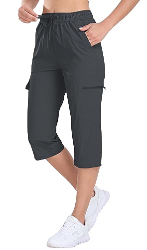 AjezMax Damen Wanderhose Sommer Leichter Caprihose Outdoor Hose 3/4 Cargohose Atmungsaktive Trekkinghose mit Reißverschlusstasche Dunkelgrau L von AjezMax