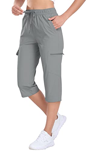 AjezMax Damen Wandern Hosen 3/4 Cargohose Leichtgewicht Capris Schnell Trocknend Kordelzug Wasserdicht Funktionshose Outdoor Hosen mit reißverschlusstaschen Hellgrau M von AjezMax