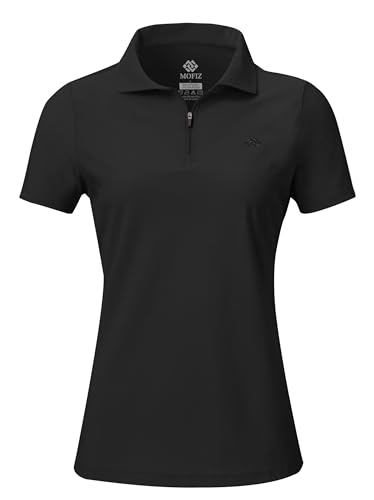 AjezMax Golf Poloshirt Damen Kurzarm mit Reißverschluss Sports T-Shirt Golf Polo Oberteile Atmungsaktiv Schnelltrocknend Schwarz M von AjezMax