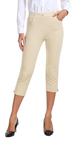 AjezMax Golfhose für Damen Capri Dehnbar Schmal Arbeitshose Bürohose Lässige Businesshose Atmungsaktiv Yogahosen mit Taschen Khaki L von AjezMax