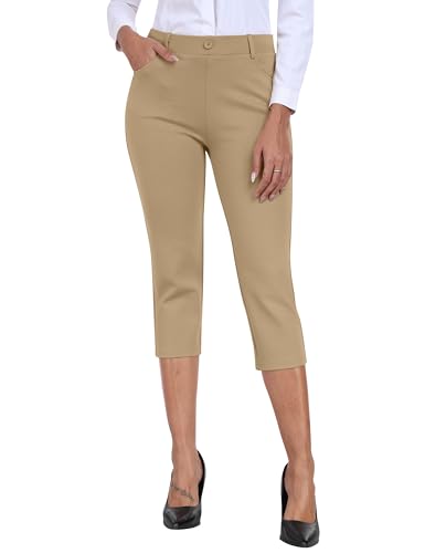 AjezMax Golfhose für Damen Capri Dehnbar Schmal Arbeitshose Bürohose Lässige Businesshose Atmungsaktiv Yogahosen mit Taschen Khaki XXL von AjezMax