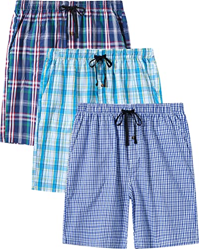 AjezMax Herren 3er Pack Schlafanzughose Kurz Baumwolle Kariert Pyjamahose Shorty Sommer Nachtwäsche Schlafshorts Pyjama Shorts mit Taschen Größe L von AjezMax